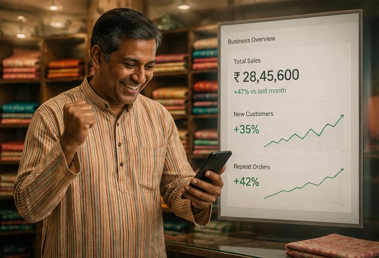 A shop owner smiling at rising sales on his business dashboard